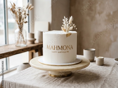 Elegant white birthday cake featuring gold lettering and dried botanical decorations sits on a marble stand prepared for a celebration event inside a bright room with a soft neutral aesthetic.