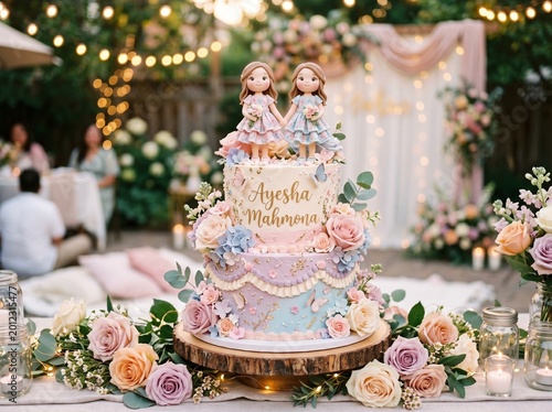 A beautifully decorated two tiered celebration cake featuring custom figurines of two young girls on top surrounded by delicate pastel flowers and elegant gold lettering for a special birthday event.