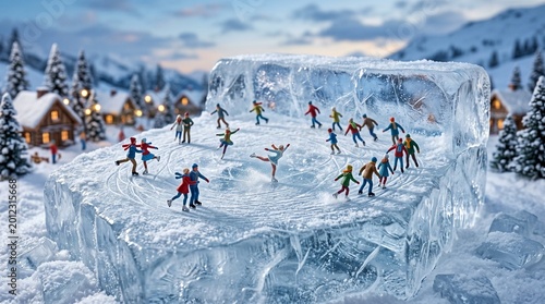Miniature people figures enjoy ice skating on a large frozen block of clear ice during a snowy winter day while creating a festive atmosphere for the holiday season celebration display