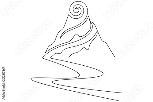 Mountain with spiral sun continuous one line art minimalist landscape nature vector illustration