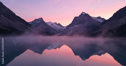 Serene mountain landscape at dawn with mist over tranquil lake reflecting peaks and colors