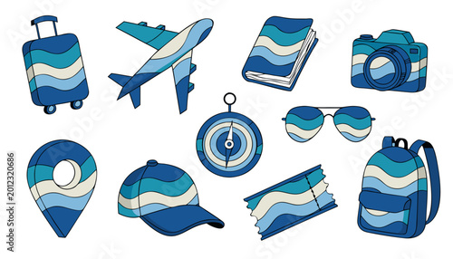Travel and vacation icon set with airplane suitcase camera map pin sunglasses and travel accessories