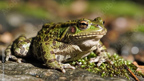 A green amphibian rests on mossy rocks in natural sunlight