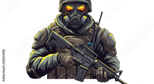 Tableau sur toile Soldier with Gas Mask and Rifle, Pixel Art Style