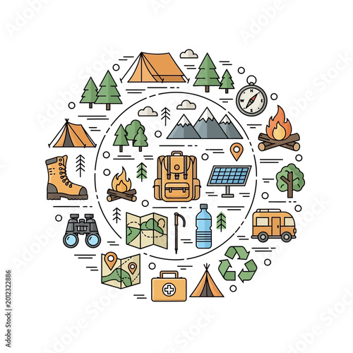 Camping and Hiking Icons in Circle, Outdoor Adventure Gear Flat Design