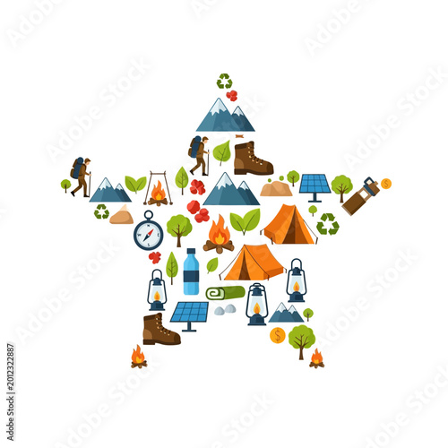 Camping and Hiking Icons Star Shape - Outdoor Adventure Concept