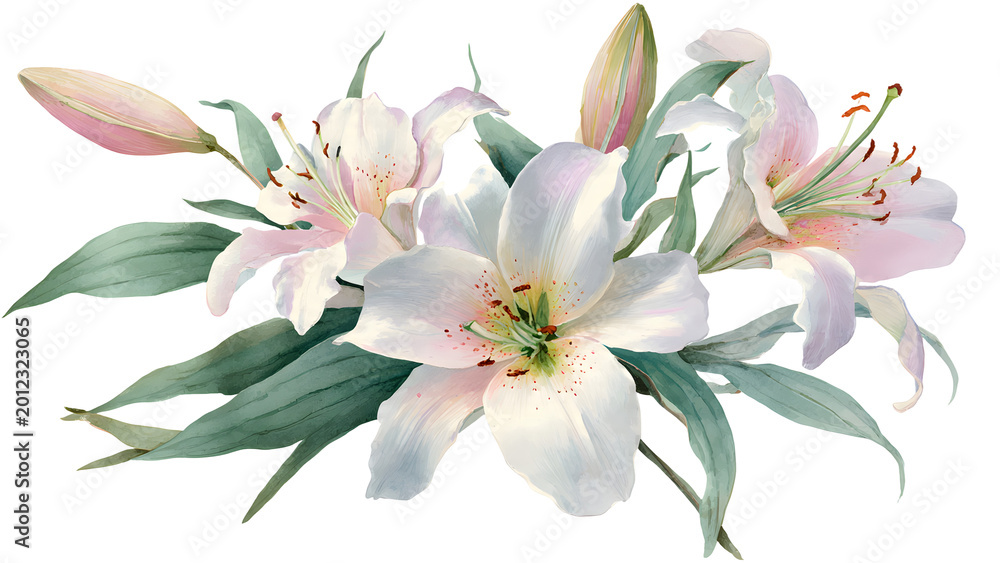 Fototapeta premium Elegant watercolor illustration featuring a charming bouquet of pristine white and soft pink lilies nestled amongst lush green foliage, ideal for decorative floral elements and serene design projects