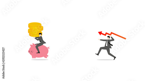 Businessman riding piggy bank carrying stack of gold coins escaping from red falling arrow spear representing investment loss financial crisis risk and gold market decline