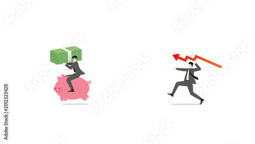 Businessman riding piggy bank carrying money banknotes escaping from red falling arrow spear representing investment loss financial crisis risk and economic recession concept