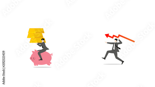 Businessman riding piggy bank carrying gold bars escaping from red falling arrow spear representing investment loss financial crisis risk and gold price volatility concept