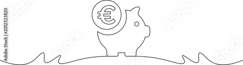 Obraz na plátne A minimalist line drawing of a piggy bank with a Euro coin on a wavy surface