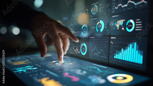 A person's hand interacting with a futuristic digital dashboard displaying complex data visualizations, financial charts, and global maps for advanced business analytics and high-tech monitoring
