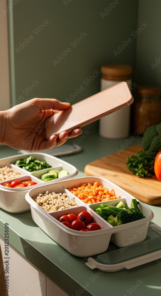 Naklejka premium Person holding a peach smartphone over meal prep containers for diet tracking, food and health app marketing on a kitchen counter with fresh vegetables