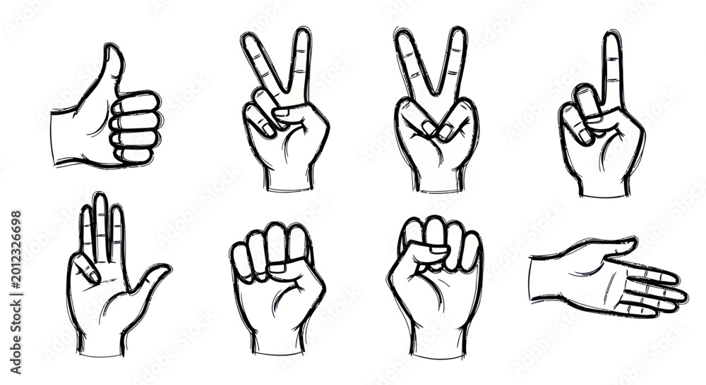 Obraz premium Hand Gestures Collection: Thumbs Up, Peace Sign, Rock Paper Scissors, Open Hand