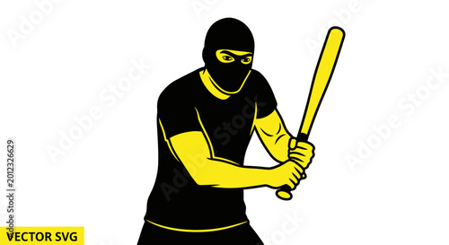 фотографія Aggressive Criminal Figure Holding Baseball Bat, Black Mask, Yellow Accent