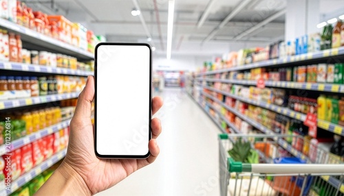 Captivating image showcasing a hand holding a mobile phone in a grocery store aisle, offers a modern take on shopping experience with technology. 