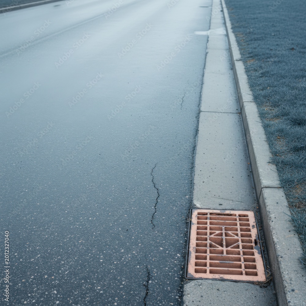 Fototapeta premium Wet asphalt road background with a metal storm drain and curb for infrastructure maintenance, weather documentation and civil engineering projects with copy space