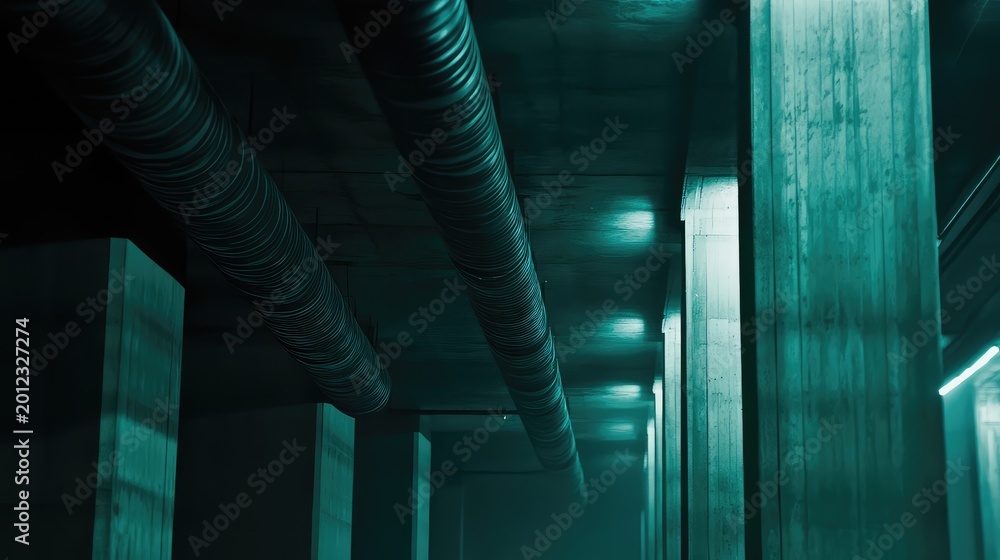 Fototapeta premium Underground concrete structure with industrial ventilation pipes