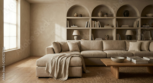 A neutral-toned living room features a large sectional sofa with plush pillows and a draped throw blanket, a wooden coffee table with magazines 