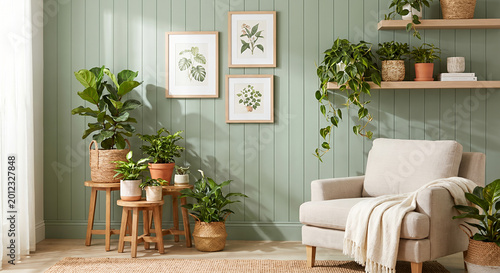 A cozy living room corner with a beige armchair draped with a cream throw, surrounded by various potted plants and botanical prints on a sage green paneled wall.
