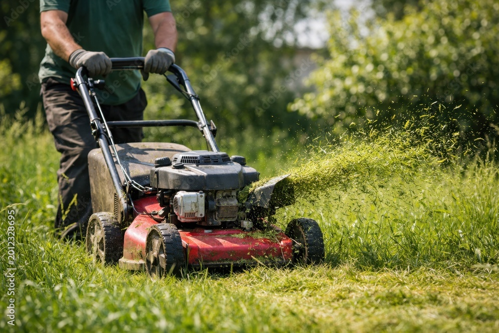 Obraz premium Man mowing green grass with lawn mower cutting fresh garden lawn in sunny summer day outdoor work