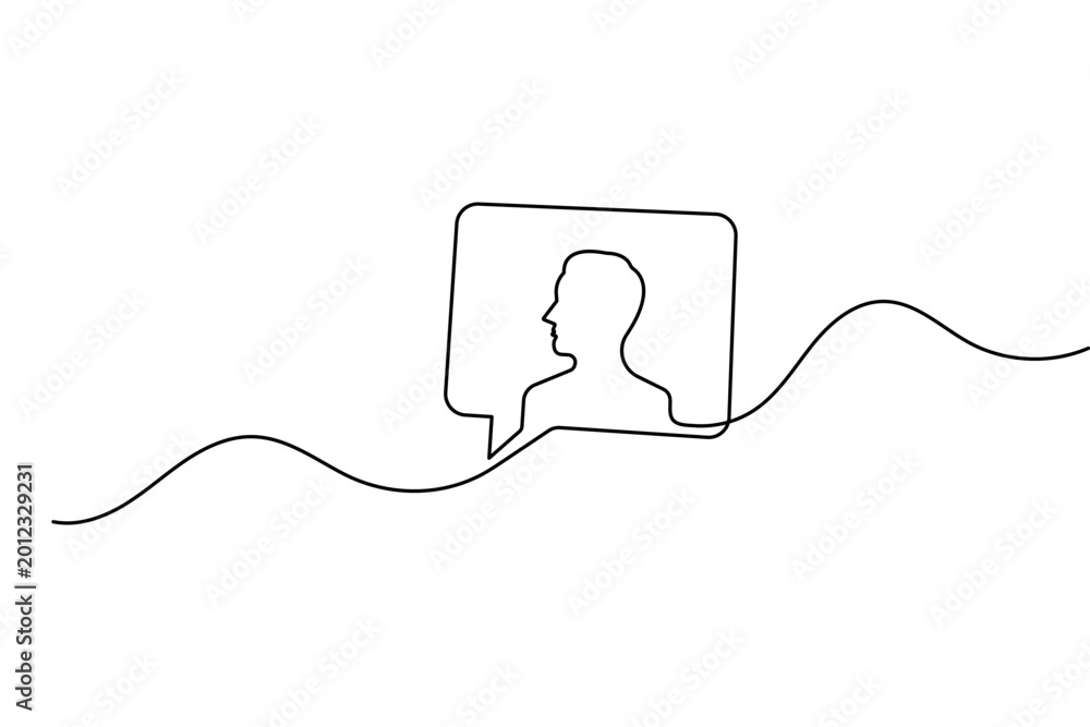 Obraz premium User person talking with speech bubble continuous one line drawing in minimalist style vector