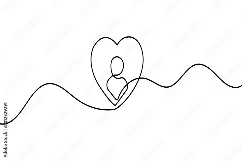 Fototapeta premium User person icon with heart shape continuous one line drawing in minimalist style vector illustration