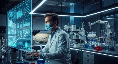 Scientist in a mask working on a digital computer screen in a modern high tech laboratory