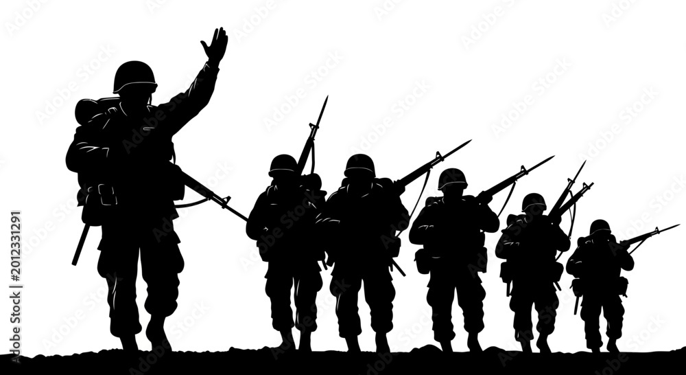 Φωτογραφία Silhouette Soldiers Marching with Rifles, Leader Waves