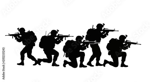 Tableau sur toile Silhouette Soldiers Aiming Rifles, Tactical Military Team Formation