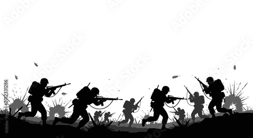Фотография Silhouette soldiers charging forward with rifles amidst explosions on a battlefield