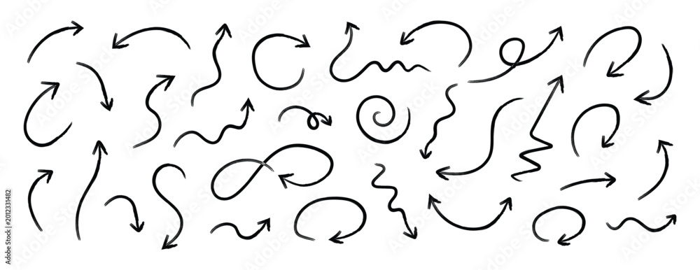 Obraz premium Squiggly arrows doodle set. Curve and Spiral comic symbols in sketch style. Hand drawn style with brush and pencil strokes. Flat vector illustration isolated on white.