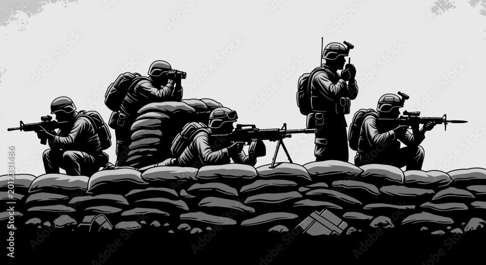 Obraz premium Soldiers in Defensive Position with Weapons, Military Combat Scene