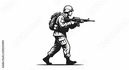 Foto Soldier with Rifle, Military Action Silhouette, Combat Ready