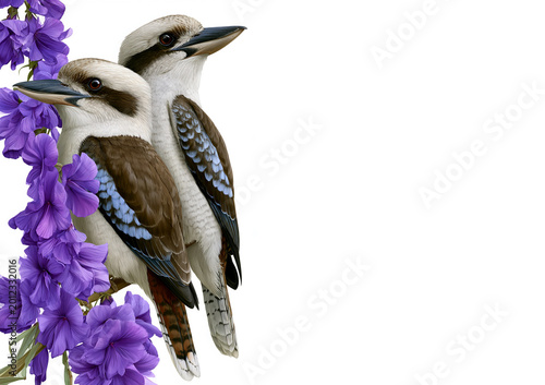 Australian kookaburras and vibrant purple jacaranda flowers. Stylised watercolour illustration for wedding, florist, birthday card or invitation. 