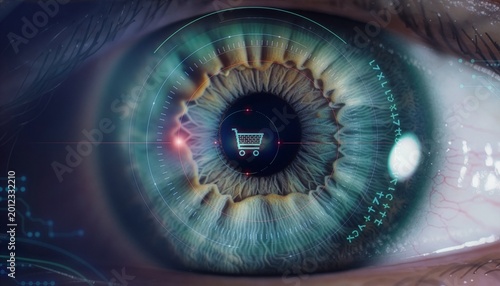 A captivating macro shot of an eye, with the iris displaying a shopping cart symbol, symbolizing online commerce and digital interaction, enhanced with digital elements.