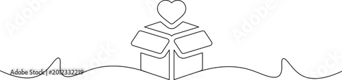Fotografie A minimalist line drawing of an open gift box with a heart emerging from it