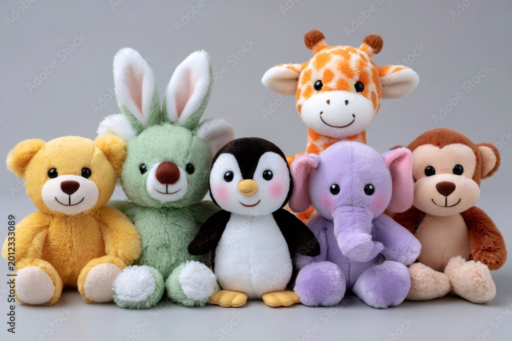 Fototapeta premium Group of cute stuffed animals sitting together smiling