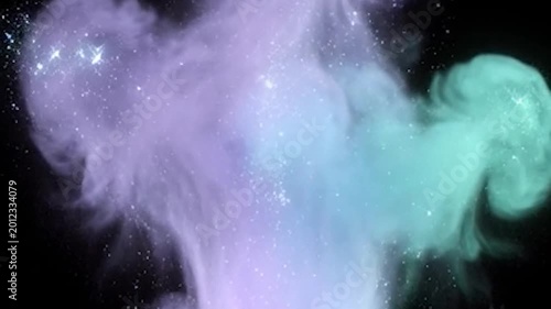 Colorful swirling smoke clouds with sparkling particles against a dark
