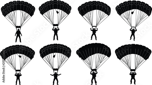 Photos Parachuting and Skydiving Silhouette Icon Set Featuring Skydivers with Open Para