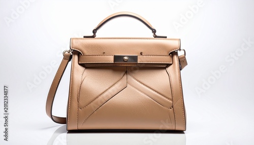 The luxurious leather handbag features a structured design with a long strap and top handle on a clean surface.