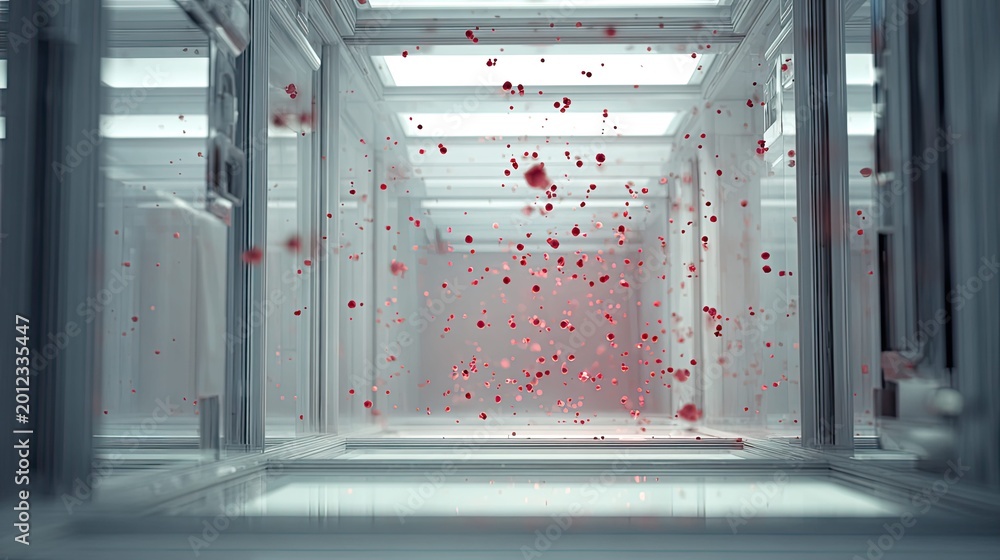 Fototapeta premium Abstract glass corridor with floating red spheres
