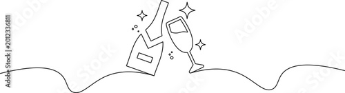 Tableau sur toile A minimalist line drawing of a champagne bottle and glass with sparkles