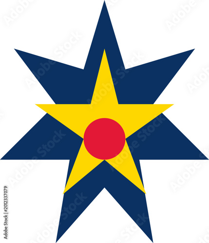 Minimalist geometric emblem featuring a blue seven pointed star yellow star and red circle illustration