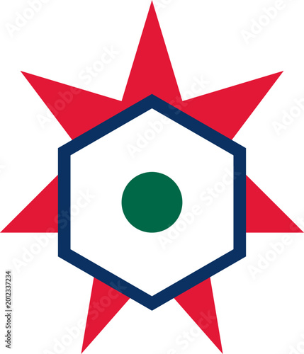 Red seven pointed maple leaf shape behind navy blue hexagon border with green center illustration