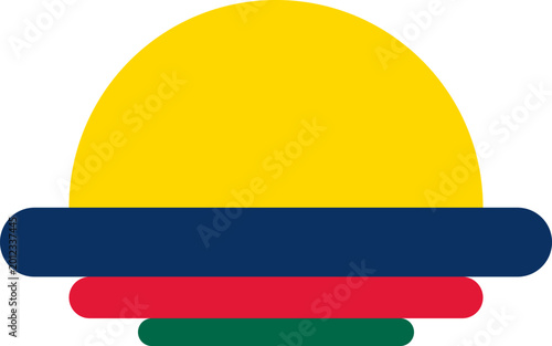 Minimalist geometric graphic of a bright yellow sun setting over colorful horizontal stadium stripes illustration
