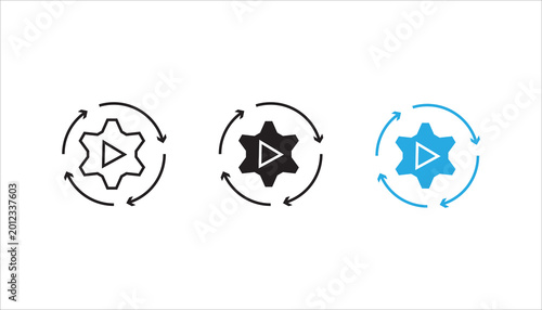 Cuadro en lienzo Minimal outline icon of a gear with play button and circular arrows representing process automation, workflow, system operation, media processing, and continuous execution