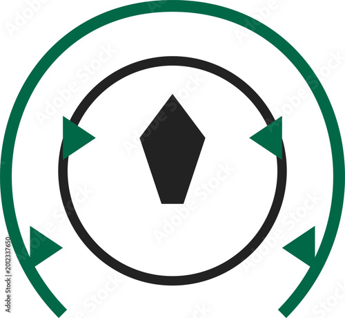 Minimalist green and black abstract circular emblem featuring geometric shapes and arrows on white illustration