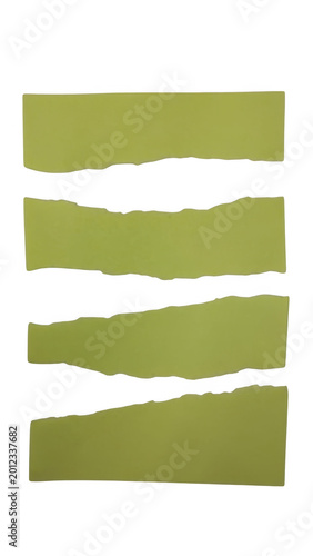 Four torn green paper strips on a plain background