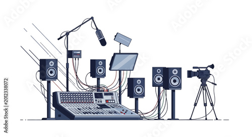 Fotografía Audio-visual production studio setup with soundboard, speakers, camera